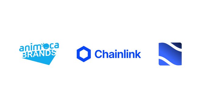 The image displays three logos side by side: the Animoca Brands logo (with "BRANDS" on a blue tag), the Chainlink logo (featuring its hexagonal icon and name), and a stylized blue "N" emblem representing NUVA. This visual ties directly to the announcement that Animoca-backed NUVA has chosen Chainlink as its exclusive data infrastructure provider, showcasing the partnership's key entities.