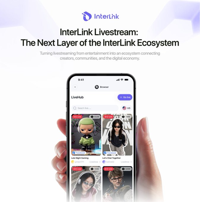 An InterLink livestream promotional image showing a smartphone displaying the LiveHub app with various live streams, advertising 'The Next Layer of the InterLink Ecosystem.'
