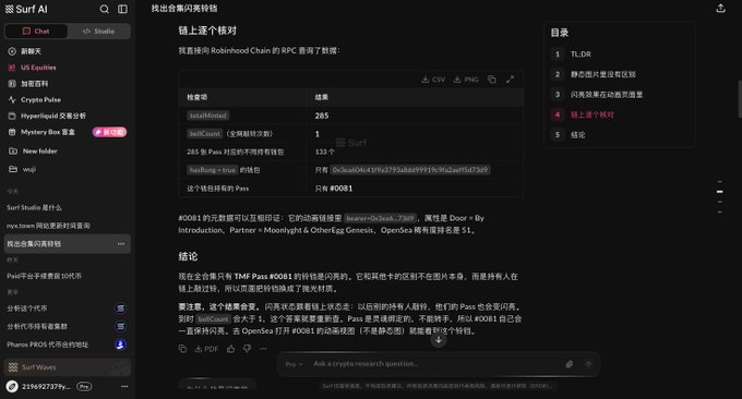 A screenshot of the Surf AI chat interface displaying a research query about '链上逐个核对' (on-chain verification) with results showing 285 items related to Robinhood Chain's RPC node claims.