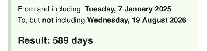 Date calculator result showing 'From and including: Tuesday, 7 January 2025 To, but not including Wednesday, 19 August 2026' yielding a 'Result: 589 days.'