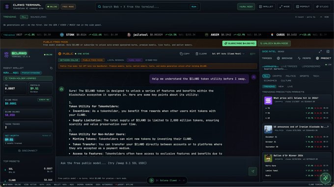 The Claw Terminal blockchain analytics interface showing the $LAMD token with an AI assistant response explaining token utility including token minting, supply limits of 2.8 billion, and staking features.