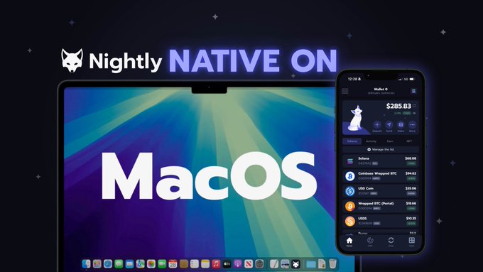 A promotional graphic for 'Nightly NATIVE ON MacOS' showing the Nightly app interface displayed on both a laptop and smartphone screen against a dark starry background.