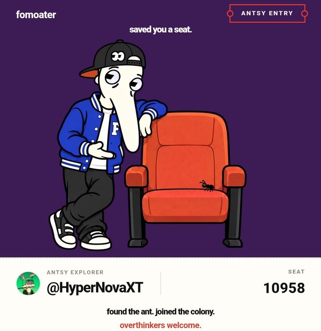 A digital collectible artwork from 'fomoater' showing a cartoon character with a long nose wearing a blue varsity jacket and cap, leaning on a red theater chair with 'saved you a seat.' text and seat number 10958 for @HyperNovaXT.