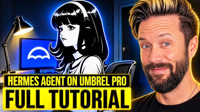 A YouTube thumbnail featuring a bearded man on the right and an anime-style girl illustration on the left, with yellow text reading 'HERMES AGENT ON UMBREL PRO FULL TUTORIAL'.