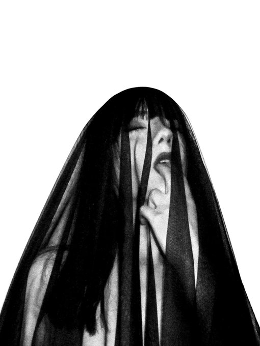 A high-contrast black and white photo of a person's face partially obscured by a sheer black veil, with only their eyes, nose, and lips visible through the translucent fabric.
