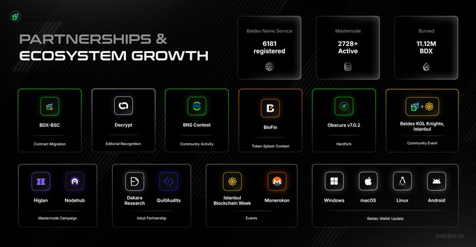 The image is a Beldex ecosystem infographic titled "PARTNERSHIPS & ECOSYSTEM GROWTH," highlighting June 2026 achievements including 6,181 registered Beldex Name Service users, 2,726+ active Masternodes, and 11.12M BDX burned, alongside milestones like the BDX-BSC contract migration, Decrypt editorial recognition, Occusus v7.0.2 hardfork, Istambul/Istanbul Blockchain Week events, and cross-platform Beldex Wallet updates for Windows, macOS, Linux, and Android. It visually reinforces the post's emphasis on a month of network progress, resilience, and execution across campaigns, audits, events, and upgrades.