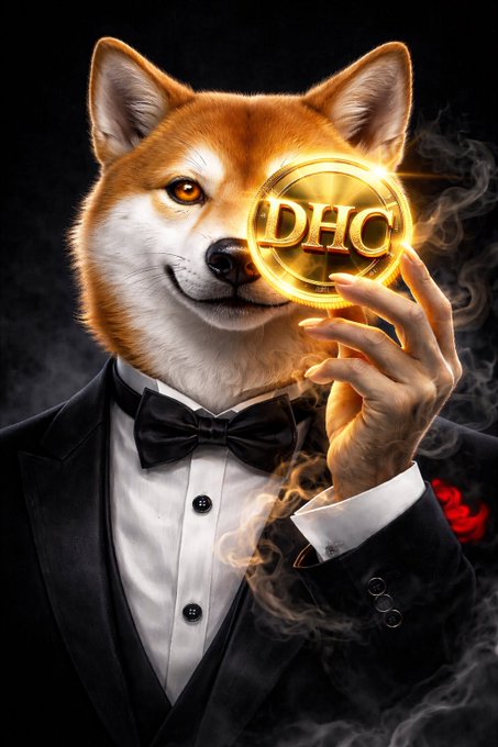 A digital illustration of a Shiba Inu dog dressed in a black tuxedo and bow tie, holding up a glowing gold Dogecoin (DHC) medallion amidst smoky lighting.