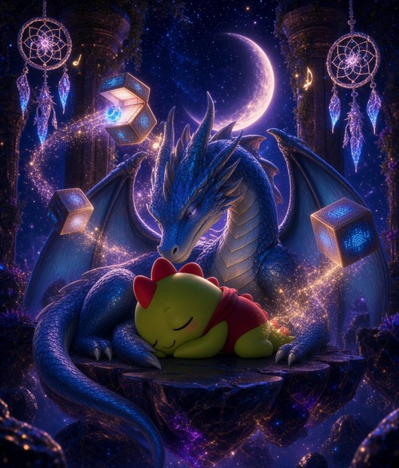 A fantasy digital artwork showing a large blue dragon curled protectively around a sleeping baby dinosaur wearing a red hood, with dreamcatchers, glowing cubes, and a crescent moon in the starry background.
