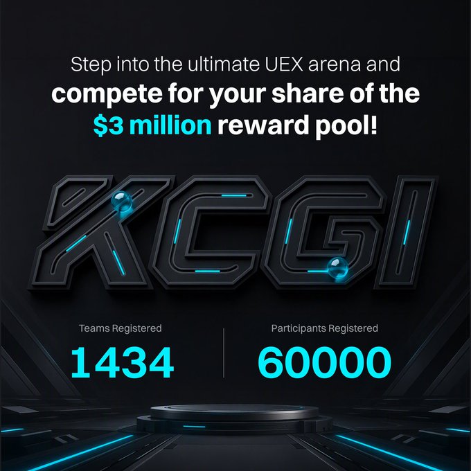 Promotional graphic for UEX arena competition featuring a $3 million reward pool, with 1,434 teams and 60,000 participants registered.
