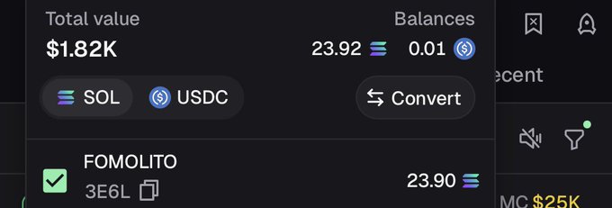 A crypto wallet interface showing a total value of $1.82K with balances of 23.92 SOL and 0.01 USDC, including a token named FOMOLITO worth 23.90.