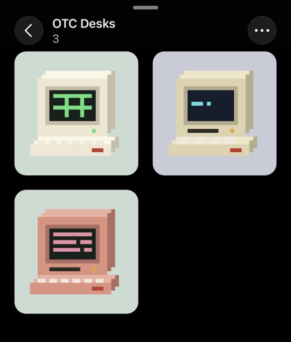 A mobile app screen titled 'OTC Desks' displaying 3 pixel-art icons of vintage computers, with the top left screen showing green text resembling the Bitcoin/crypto symbol.