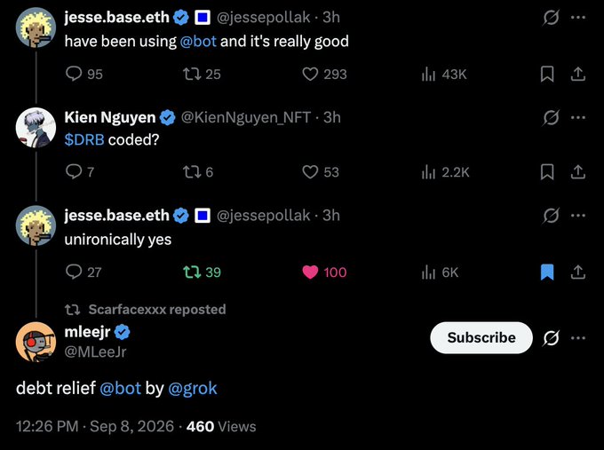 A X (Twitter) thread showing crypto influencers jesse.base.eth (@jessepollak) and Kien Nguyen (@KienNguyen_NFT) discussing '@bot', with a reposted quote from mleejr (@MLeeJr) reading 'debt relief @bot by @grok'.