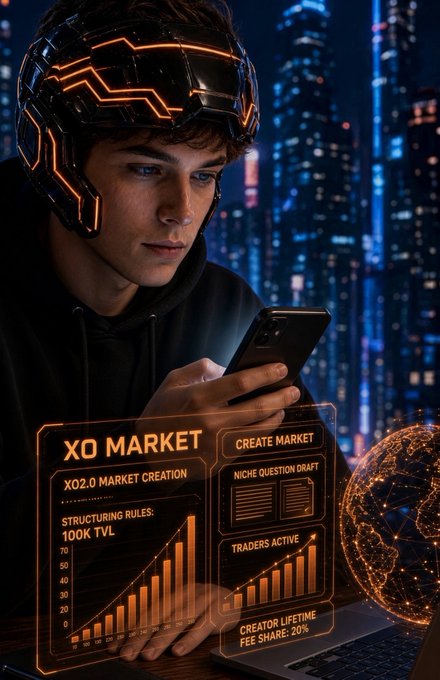 A young man wearing a futuristic glowing helmet looks at a smartphone, with a holographic 'XO MARKET' interface showing 'Niche Question Draft', 'Traders Active', and 'Creator Lifetime Fee Share: 20%' floating beside him against a cyberpunk cityscape.