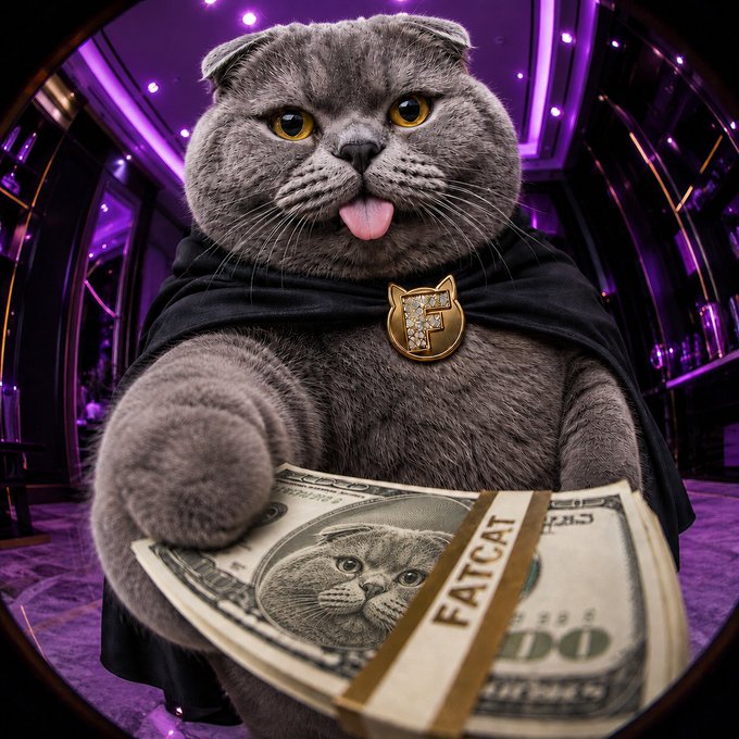 An AI-generated image shows a chubby gray Scottish Fold cat wearing a black cape with a gold 'F' emblem, holding a stack of 'FATCAT' dollar bills featuring a cat's face on the bill, set against a purple-lit interior background.
