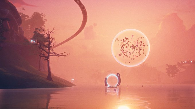 The image features a large pink circle with a bunch of birds flying around it. The background shows a river flowing through a forested area, creating an overall serene atmosphere. There are also some trees visible in the scene. The caption provided seems unrelated to the image and does not provide any context or information about the content of the image.