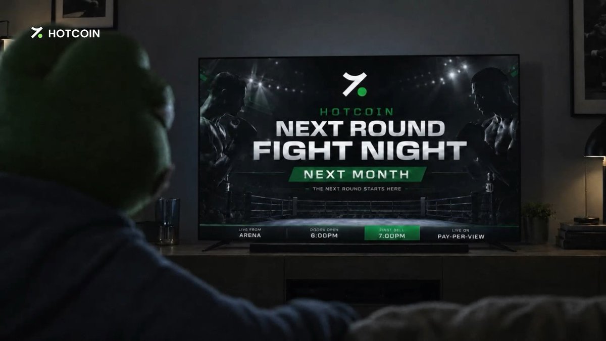 A person wearing a cap watches a HOTCOIN-branded TV screen displaying "NEXT ROUND FIGHT NIGHT - NEXT MONTH" with event details (Doors Open 6:00PM, First Bell 7:00PM, Pay-Per-View). The boxing match promo visually reinforces the post's message about crypto being a multi-round fight where endurance and adaptability determine the winners.