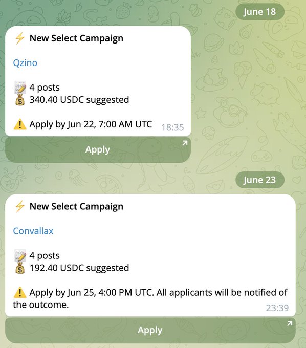 The image shows a screenshot of two separate messages posted on social media platforms, one being a text message from a person named "Convallax" with an attached document containing information about a campaign for wallchain campaigns. The other message appears to be a post by someone named "Qzino", which is also accompanied by a document detailing the new select campaign and its requirements. Both messages are posted on June 23rd at 7:00 am, suggesting that they were sent during the day.