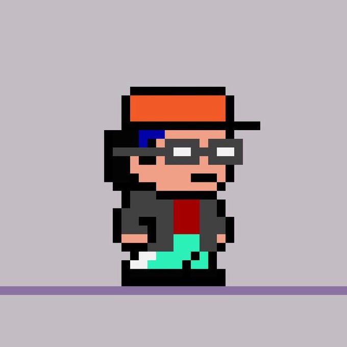 A pixel-art character with an orange hat, sunglasses, and a red shirt stands on a gray platform, matching the "Blokes on INK" NFT mint referenced in the post about upcoming whitelist minting.