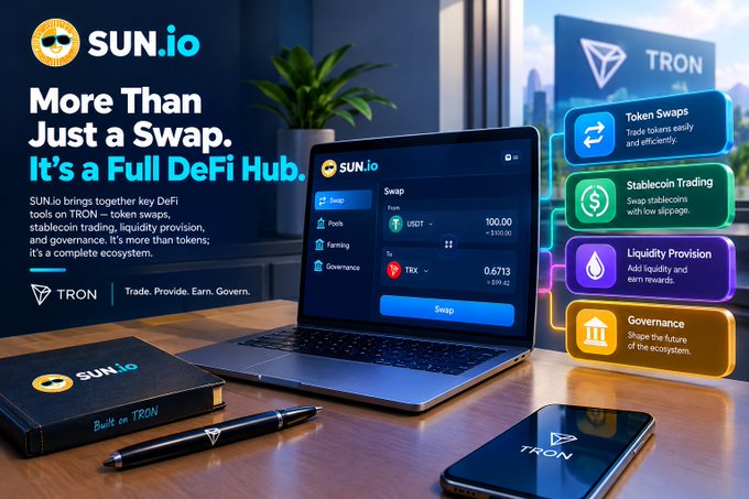 An advertisement for SUN.io on the TRON network, describing it as 'More Than Just a Swap. It's a Full DeFi Hub' featuring token swaps, stablecoin trading, liquidity provision, and governance.