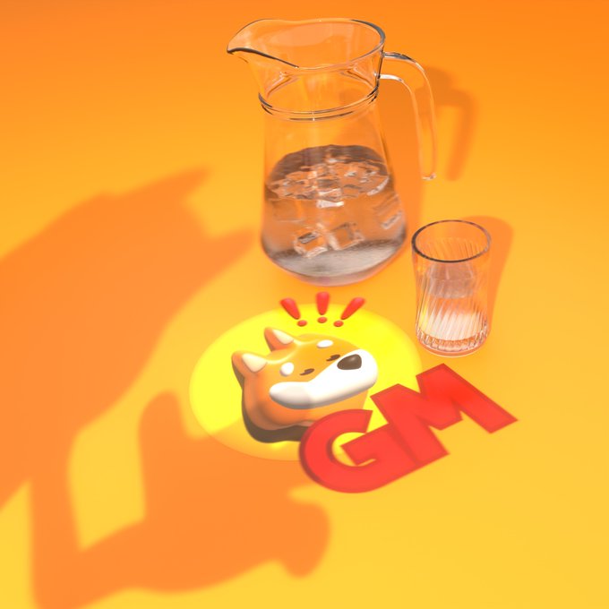 The image features a glass of water with ice cubes, a glass of water, and an orange dog head with red eyes sitting next to them. There are also letters "G" and "M" written on the surface beneath these objects. The text in the image reads "BONK Morning. Make sure you drink some water today. The Dog is watching".