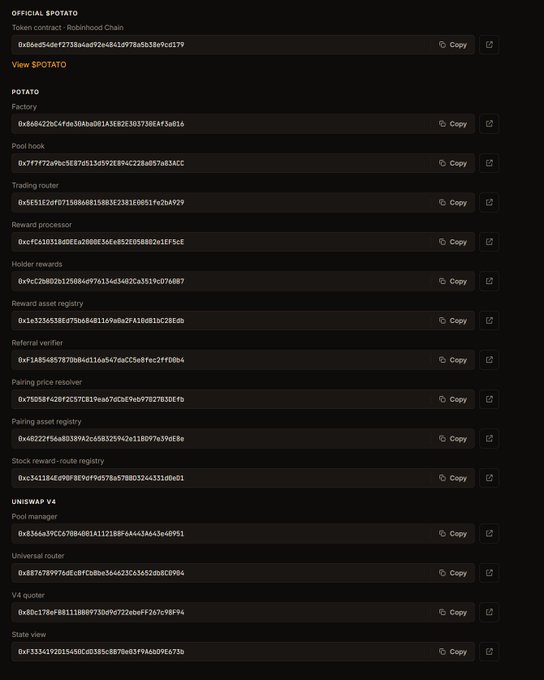 Screenshot of a dark-themed webpage displaying official $POTATO smart contract addresses for Rootstock Chain, including sections for POTATO Factory, Pool hook, Trading router, Reward processor, and UNI-SWAP V4 contracts, each with copy buttons.