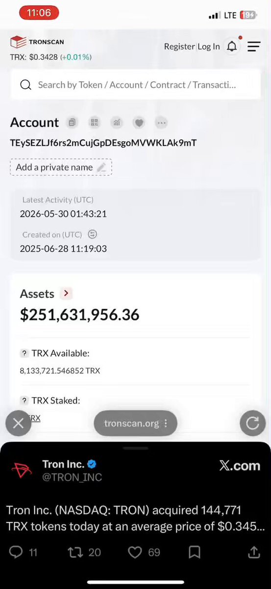 The image shows a screen from someone's phone displaying information about trading digital tokens, specifically Tron tokens, as they relate to financial transactions such as buying or selling them. There are a total of four main elements visible in the image: Twitter notifications in the upper right corner indicating the time and possibly some updates; a news article with text providing more context for TRON tokens being acquired by a company like Tren.io; and an overlay displaying price information that reads "@justinsuntron long-term vision of strengthening TRON’s on-chain economy by".