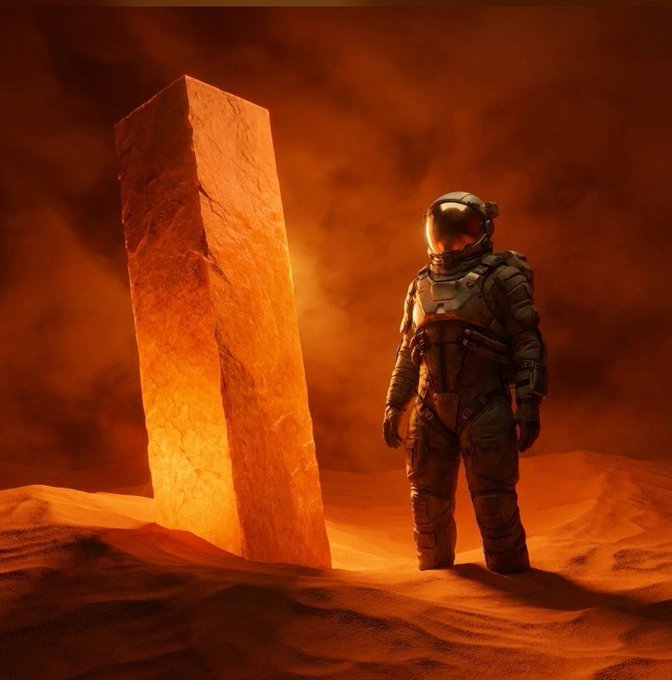 A digital illustration of an astronaut standing next to a glowing orange monolith in a Martian-like desert landscape.