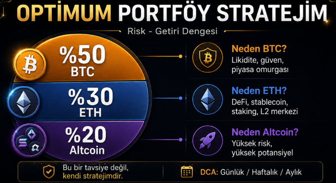 An infographic titled "OPTİMUM PORTFÖY STRATEJİM" (My Optimum Portfolio Strategy) detailing a cryptocurrency allocation with 50% BTC, 30% ETH, and 20% Altcoin, accompanied by justifications for each asset's role in balancing risk and returns, and noting it is not financial advice with DCA (Dollar-Cost Averaging) on daily/weekly/monthly intervals. The image supports the post by visually summarizing the author's personal crypto portfolio strategy and risk distribution approach shared with the community.