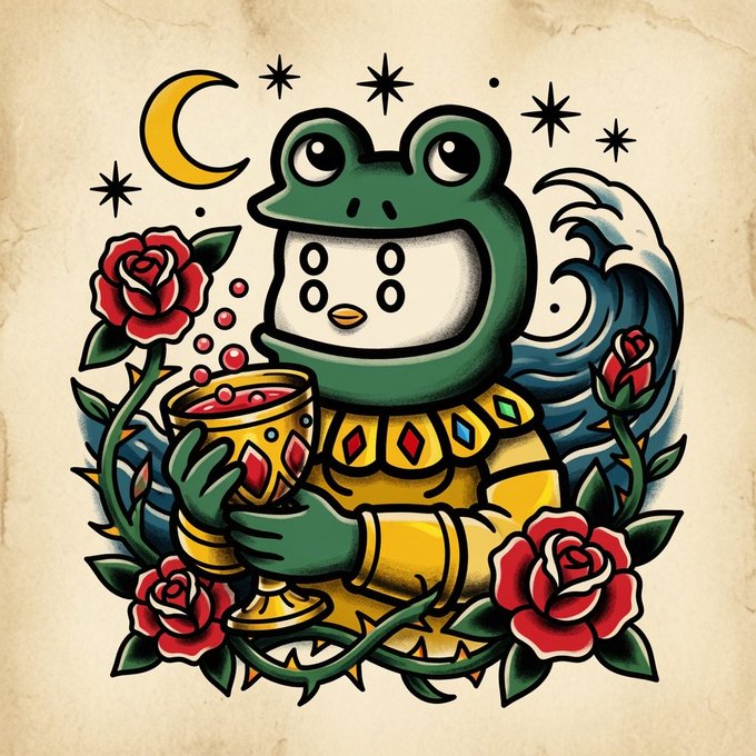 An ornate tattoo-style illustration shows a green frog character holding a golden goblet, surrounded by red roses, waves, stars, and a crescent moon on an aged paper background.