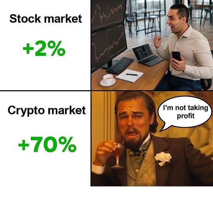 A two-panel meme contrasting stock and crypto traders: the top shows an excited trader celebrating a modest "+2%" stock market gain, while the bottom features Leonardo DiCaprio as Calvin Candie from Django Unchained casually sipping a drink and declaring "I'm not taking profit" despite a massive "+70%" crypto market surge, humorously illustrating how crypto traders hold out for even larger gains.