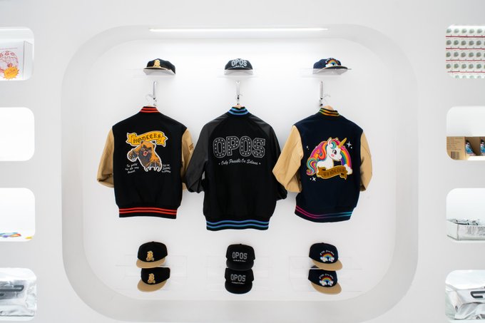 A display of merchandise including varsity-style jackets and baseball caps with designs featuring 'DIP DOGS', unicorns, and other logos, arranged on a white retail-style display.