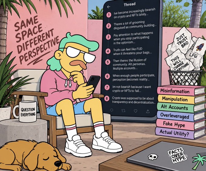The image is a colorful Simpsons-style illustration titled "SAME SPACE, DIFFERENT PERSPECTIVE," showing a character reading a smartphone thread about crypto/NFT skepticism, while surrounded by books labeled "Misinformation," "Manipulation," "Alt Accounts," "Overleveraged," "Fake Hype," and "Actual Utility?" — visually reinforcing the post's theme that bearish perspectives on crypto reveal truths often dismissed as FUD, exposing manufactured community hype and manipulation tactics.