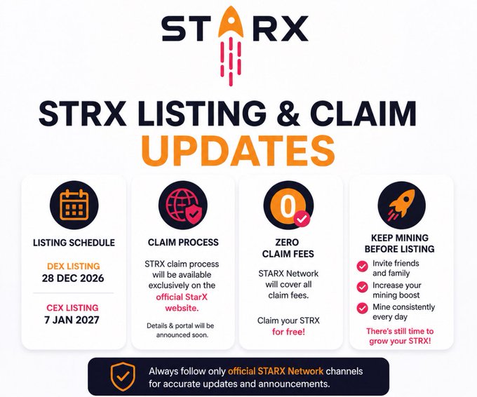 A STARX cryptocurrency announcement detailing STRX Listing & Claim Updates, with a DEX listing on 28 Dec 2026 and CEX listing on 7 Jan 2027, highlighting zero claim fees.