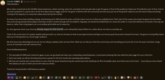 A Discord message from "Chai" in the NFTY channel announces that Nifty Island will go offline starting Monday, August 10, 2026, at 5:00 PM, thanking the community for years of support and noting a claimable ISLAND pool for reward balances. The accompanying post expresses sadness over the shutdown, reflecting on Nifty Island as more than just a platform—it was a home for many communities.