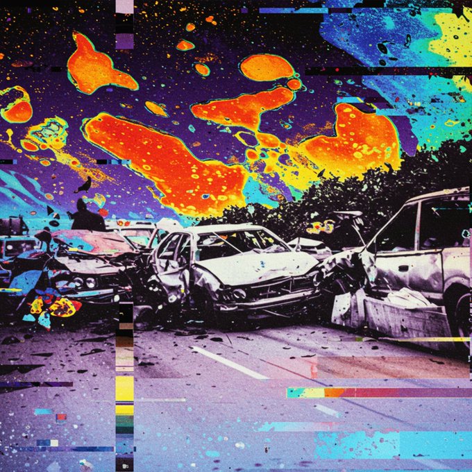 A glitch art-style image of wrecked cars in a parking lot, overlaid with vibrant orange, yellow, and teal abstract shapes and digital distortion effects.