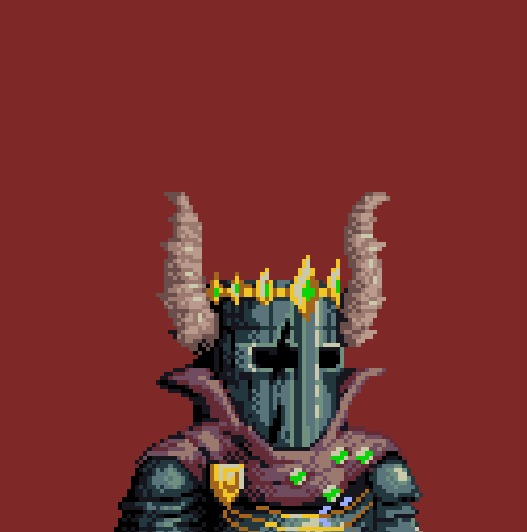 Pixel art portrait of a horned, armored knight wearing a crown with green and gold gems against a solid red background.