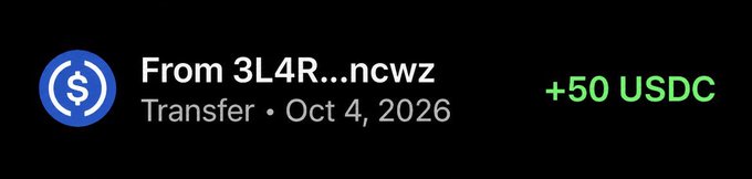 A USDC transfer notification shows +50 USDC received from "3L4R...ncwz" on Oct 4, 2026, appearing to be the first of multiple prize payouts being sent to giveaway winners.