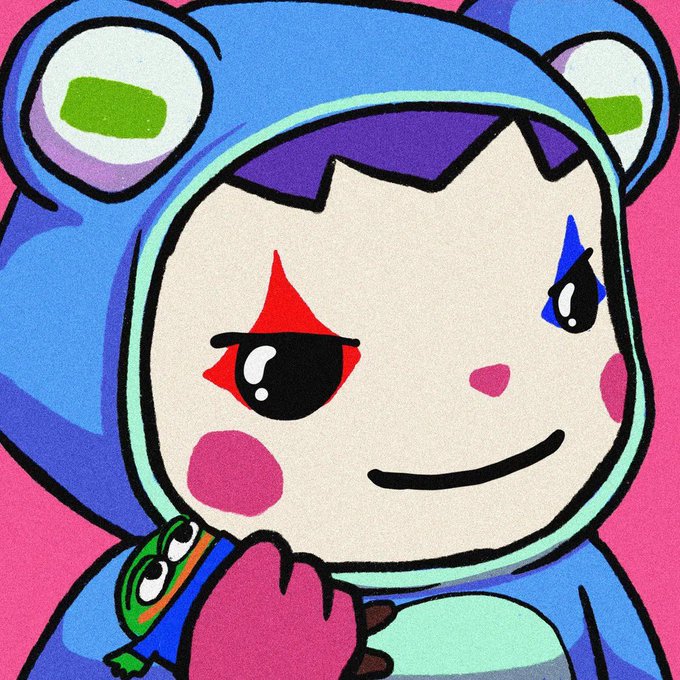 A cartoon character wearing a blue frog-like hood with a smug expression holds a small green gecko toy, visually echoing the "higher for all of monad" caption by suggesting a playful, upward-looking mood associated with the Monad blockchain community meme.