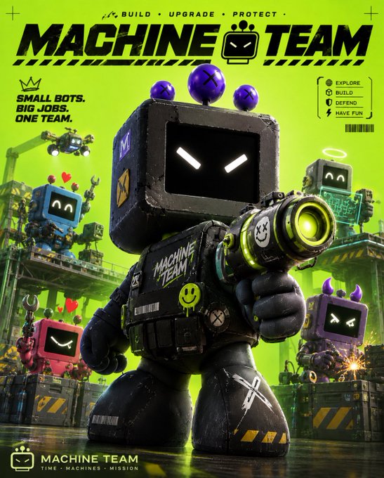A promotional poster for 'MACHINE TEAM' featuring a blocky robot character with an angry expression holding a glowing weapon, with text reading 'BUILD • UPGRADE • PROTECT' and 'SMALL BOTS. BIG JOBS. ONE TEAM.'