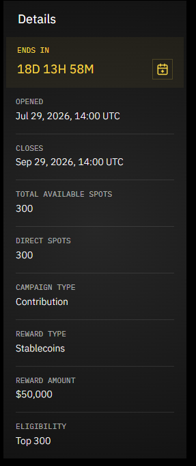 A dark-themed details panel for a campaign that 'ENDS IN 18D 13H 58M', opened Jul 29, 2026 and closing Sep 29, 2026, with 300 total/direct spots, Contribution campaign, $50,000 reward in Stablecoins, and Top 300 eligibility.