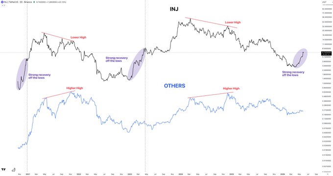 The main focus of this image seems to be a chart that represents the movement of different financial instruments over time. The $INJ instrument appears to have a quick recovery from its lowest point (in terms of price) much earlier than other instruments, which suggests that it is performing well and potentially outperforming others. It prints these high points in a more immediate manner compared to instruments like $alts or $Others. In the context of this post discussing cryptocurrency trading, understanding such trends can be essential for making informed decisions about investing in different digital assets.
