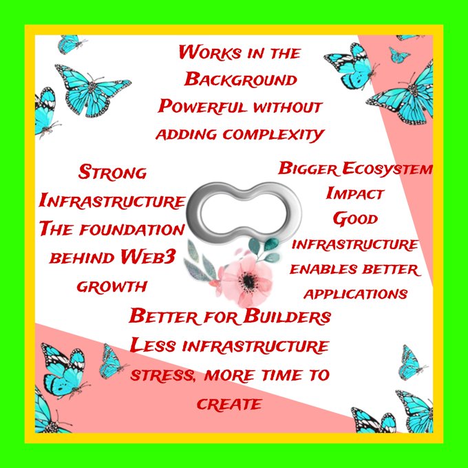 A decorative graphic with butterflies, flowers, and red text on a green border promoting Web3 infrastructure benefits such as 'Strong Infrastructure', 'Bigger Ecosystem Impact', and 'Better for Builders'.