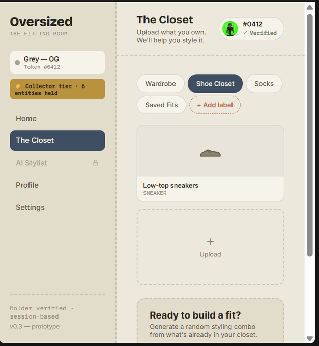 A screenshot of a web interface called "Oversized - The Fitting Room" showing a "The Closet" page with a "Shoe Closet" tab displaying a single Low-top sneaker, a collector tier badge "#412 Verified", and navigation for Home, The Closet, AI Stylist, Profile, and Settings.