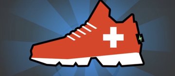 The image features a red shoe that has been altered into a white cross. The original red sneaker is located on the left side, while the modified white cross appears on the right side of the shoe. In the top right corner of the image, there's an advertisement for trading sneakers.