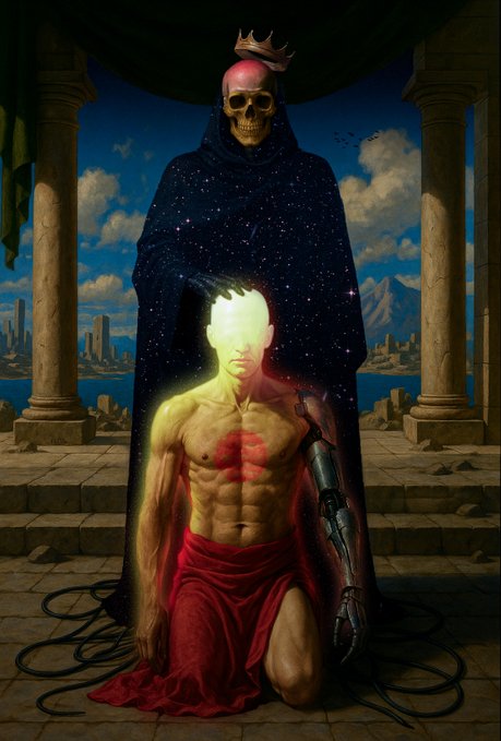 A surreal digital artwork depicts a kneeling, one-eyed figure with a mechanical arm and a glowing yellow chest with a red flower, standing before a towering, starry cloak topped with a crowned skull.