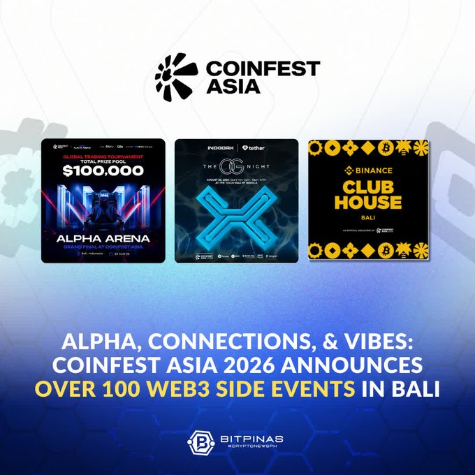 A CoinFest Asia graphic announcing "Over 100 Web3 Side Events in Bali," featuring event tiles for Alpha Arena ($100,000 prize pool), The OG Night, and Binance Club House Bali, by BitPinas.