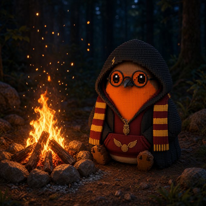 A crocheted/crafted Harry Potter-themed figure wearing a Gryffindor scarf and round glasses sitting beside a campfire in a forest at night.