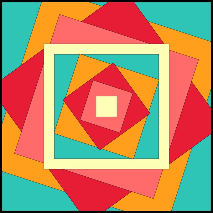 A geometric abstract design featuring overlapping and rotating squares in teal, orange, red, pink, and yellow, creating a nested pattern effect.