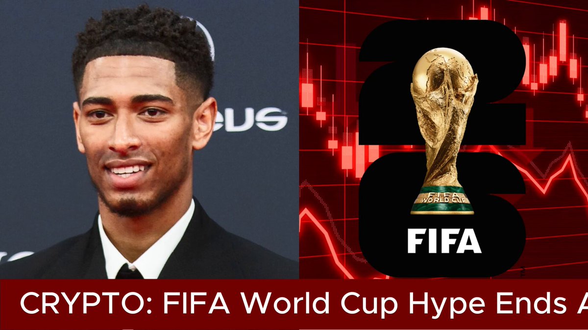 The image features a man standing next to a poster with a trophy, both of which are related to the FIFA World Cup. A text overlay on the poster reads "FIFA World Cup Hype Ends As Jude Bellingham token Crashes". This text is accompanied by an image of a golden trophy placed behind a "Crypto: FIFFA" banner. The person in the foreground appears to be smiling, adding a positive vibe to the scene.