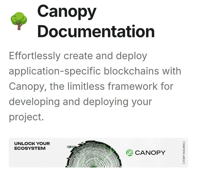 Canopy Documentation promotional graphic describing a framework for effortlessly creating and deploying application-specific blockchains, with a 'Start Building' call-to-action.